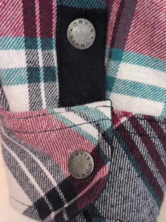 Orvis Plaid Snap-Front Jacket - Burgundy, Black, White, Teal With Pockets. - Picture 8 of 12